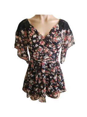 Boho Cottage Core Fairy Sheer Floral Blouse Fitted Crochet Flowy Sleeves Size S